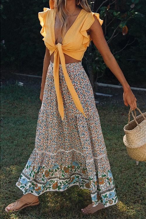 Floral Print Drawstring Waist Maxi Skirts - Fashionpara