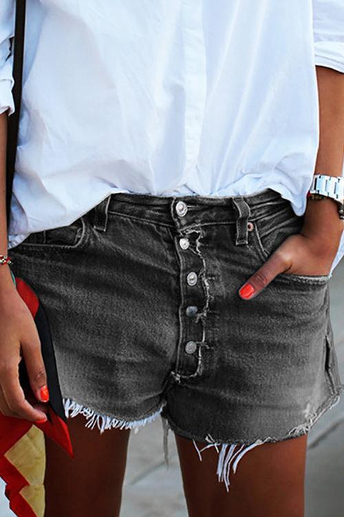 Button Raw Edge Denim Shorts - Fashionpara