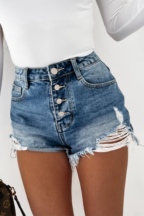 Ripped Button High Waist Denim Shorts - Fashionpara