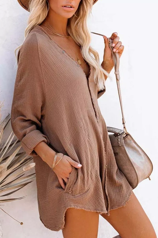 Button Pockets Shirt Mini Dress - Fashionpara