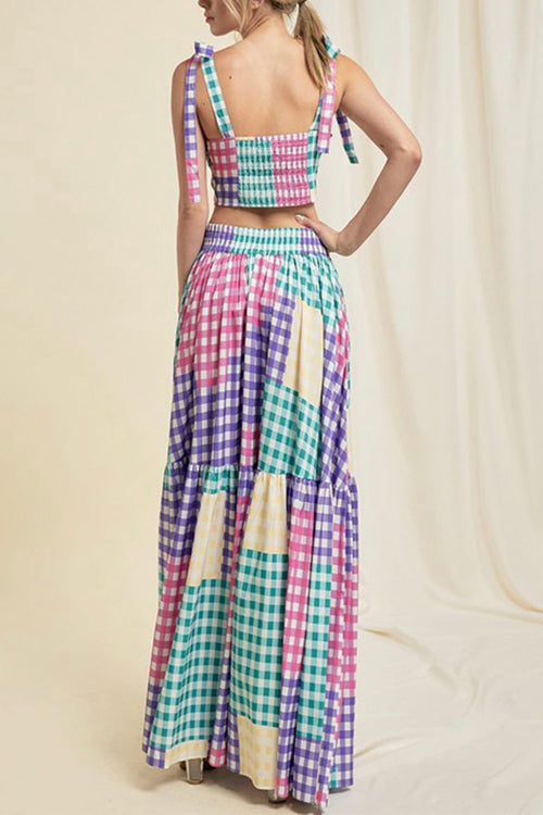 Plaid Color Block Tie Shoulder Maxi Skirt Set