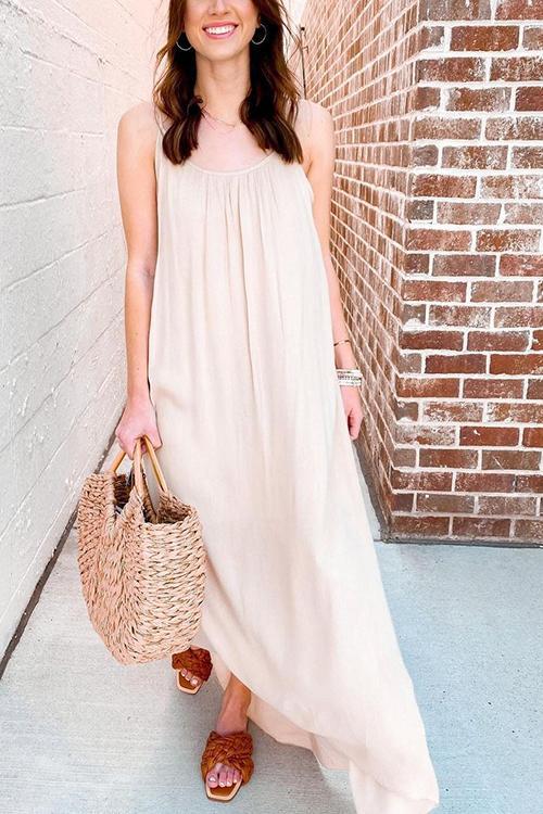 Linen Solid Pockets Slip Maxi Dress - Fashionpara