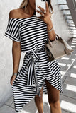 Stripe O Neck Slit Hem Belted Dress