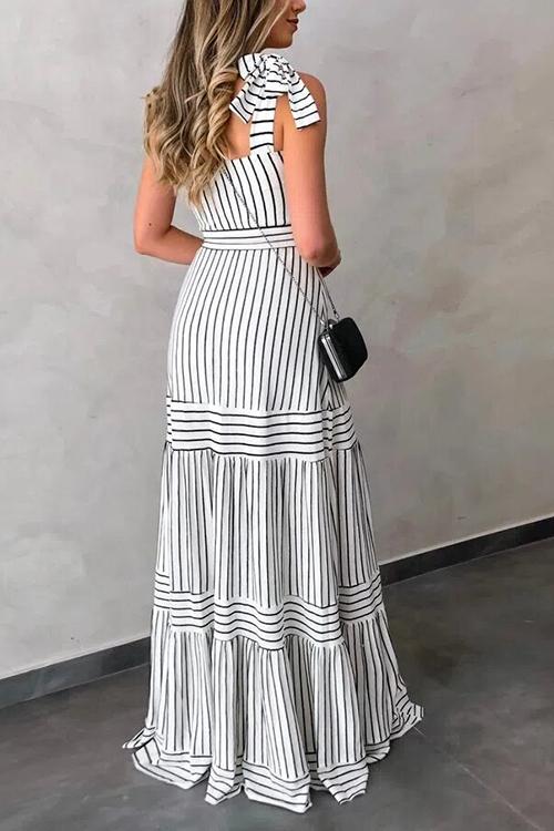 Stripe Bow Tie Belted Maxi Dress - Fashionpara