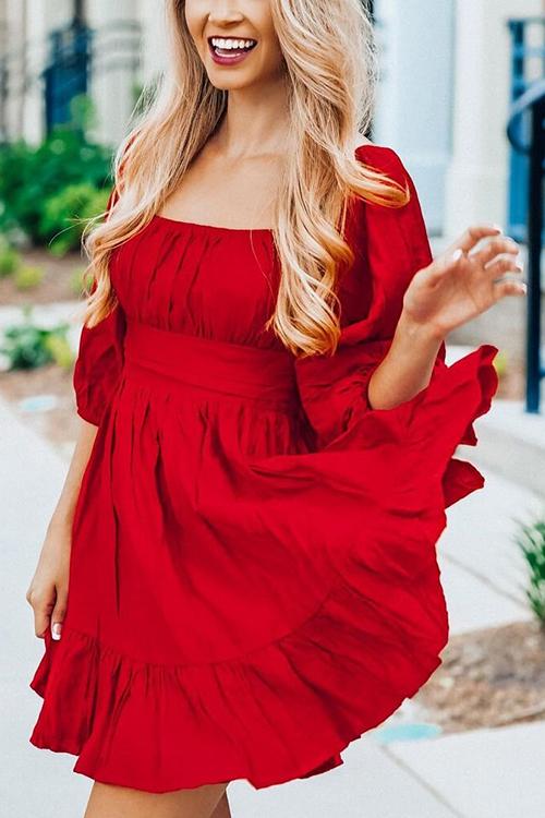 Linen Square Neck Mini Dress - Fashionpara