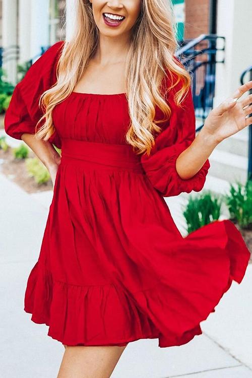 Linen Square Neck Mini Dress - Fashionpara