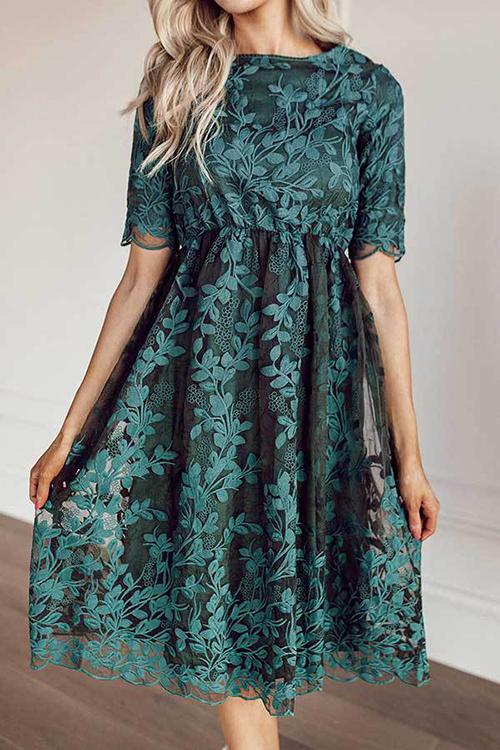 Embroidery Short Sleeve O Neck Dress - Fashionpara