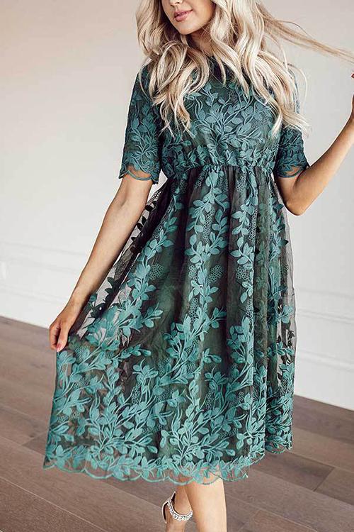 Embroidery Short Sleeve O Neck Dress - Fashionpara