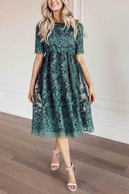 Embroidery Short Sleeve O Neck Dress - Fashionpara