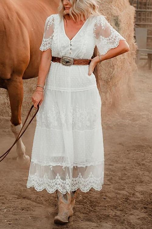 Button Lace V Neck Short Sleeve Maxi Dress - Fashionpara