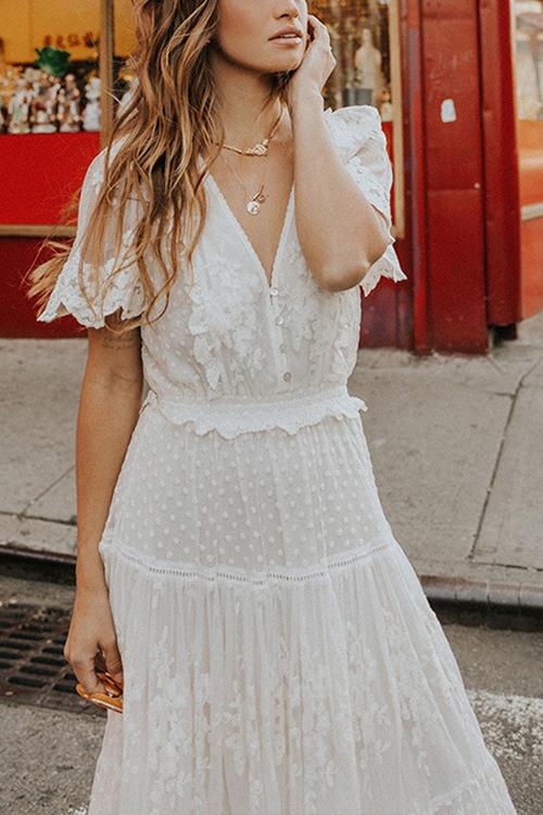 Button Lace V Neck Short Sleeve Maxi Dress - Fashionpara
