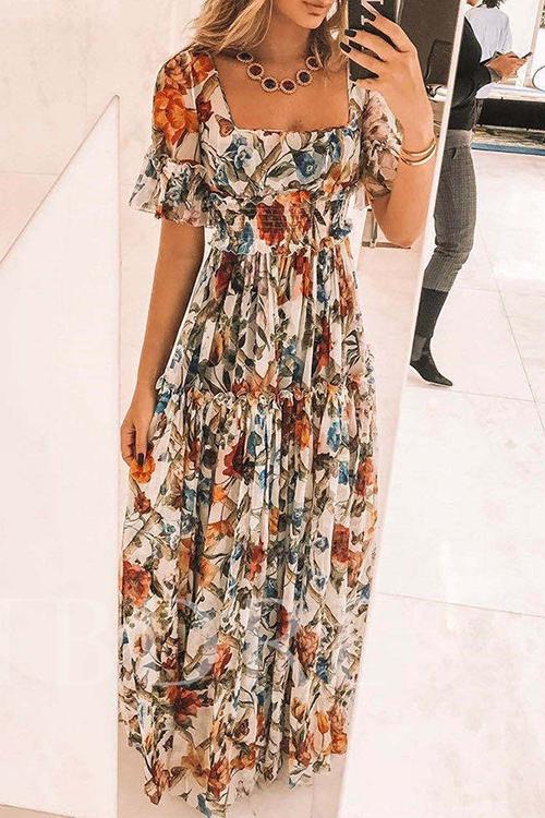 Floral Square Neck Short Sleeve Maxi Dress