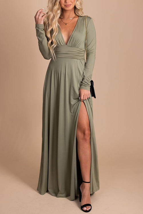 V Neck Long Sleece Slit Maxi Dress - Fashionpara