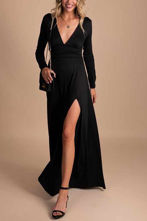 V Neck Long Sleece Slit Maxi Dress - Fashionpara
