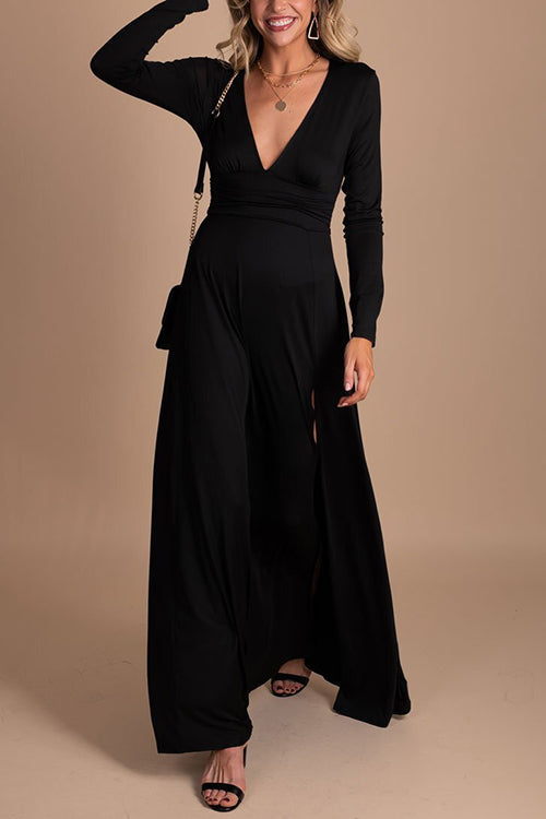 V Neck Long Sleece Slit Maxi Dress - Fashionpara