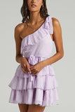 Bow Tie One Shoulder Bleted Tiered Dress