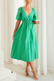 Cut Out Waist V Neck Puff Sleeve Dress