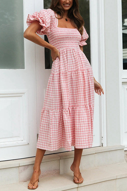 Plaid Square Neck Puff Sleeve Midi Dress - Fashionpara