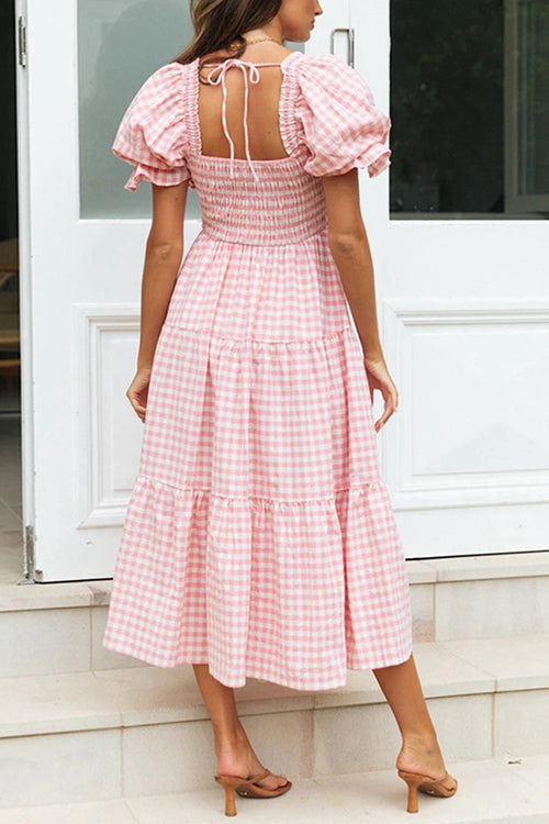 Plaid Square Neck Puff Sleeve Midi Dress - Fashionpara
