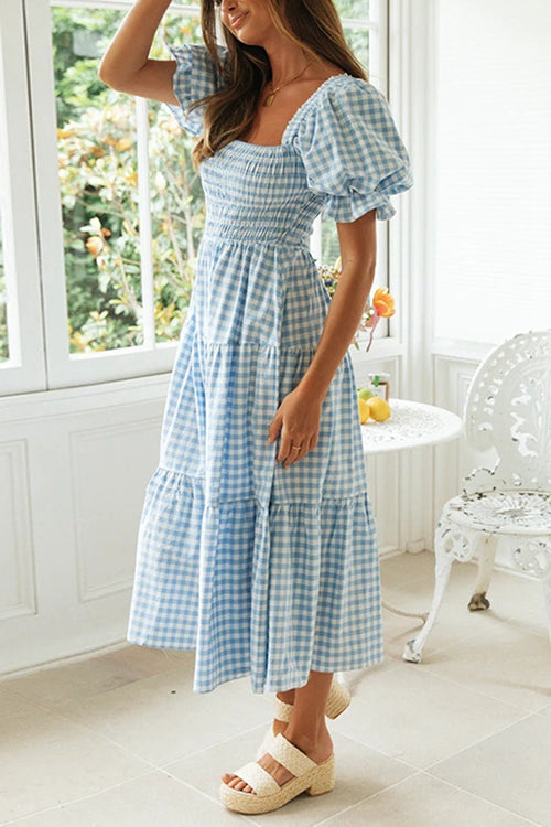 Plaid Square Neck Puff Sleeve Midi Dress - Fashionpara