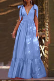 Tie Straps V Neck Tiered Ruffles Maxi Dress