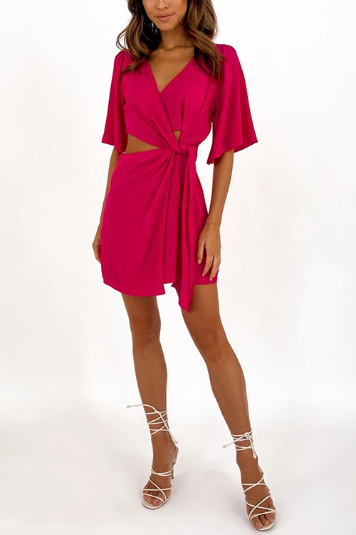 Crossover Cut Out Tie Fron Mini Dress - Fashionpara