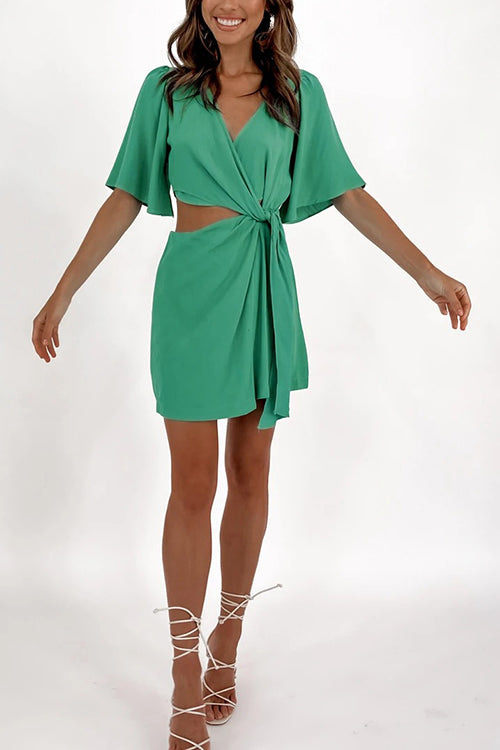 Crossover Cut Out Tie Fron Mini Dress - Fashionpara