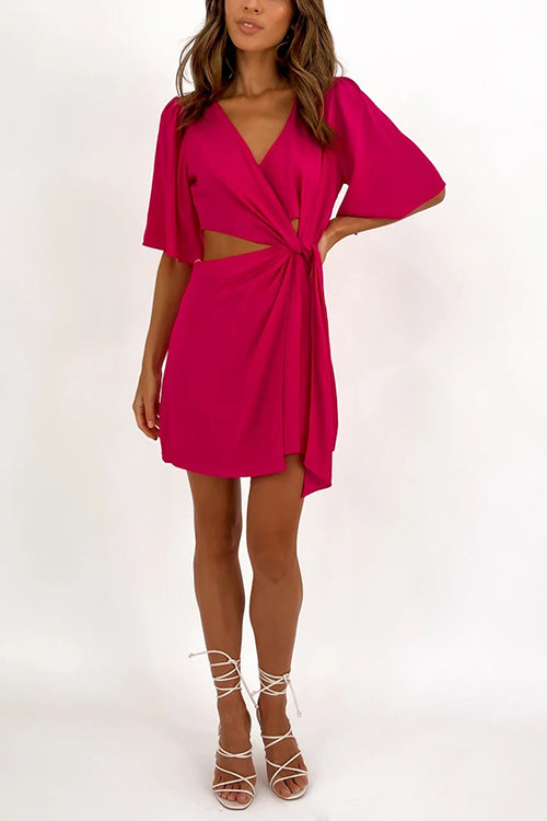 Crossover Cut Out Tie Fron Mini Dress - Fashionpara