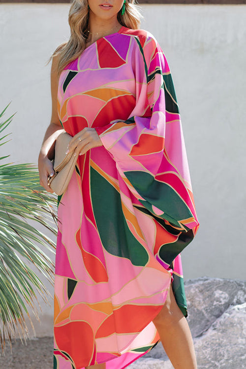 Multi Print Asymmetrical One Shoulder Dress - Fashionpara