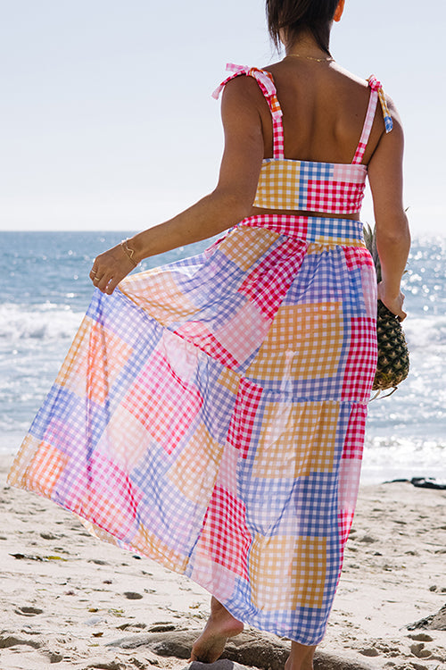 Plaid Color Block Tie Shoulder Maxi Skirt Set