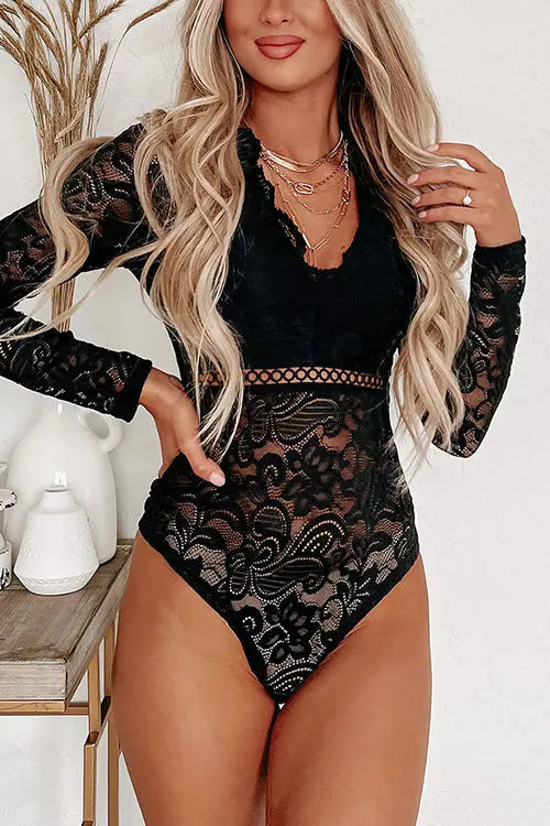 In Pursuit Of Hotness Lace Long Sleeve Bodysui - Fashionpara
