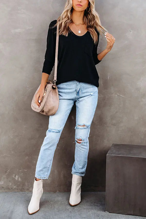 Everyday Long Sleeve Pockets Tee - Fashionpara