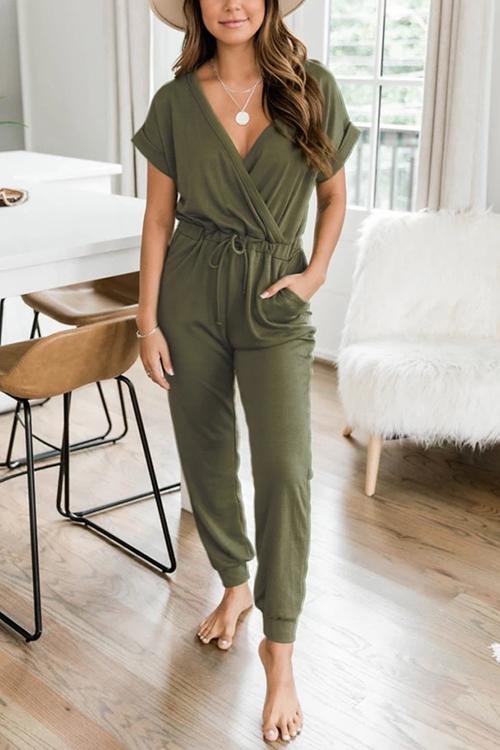 V Neck Drawstring Pockets Jumpsuits - Fashionpara