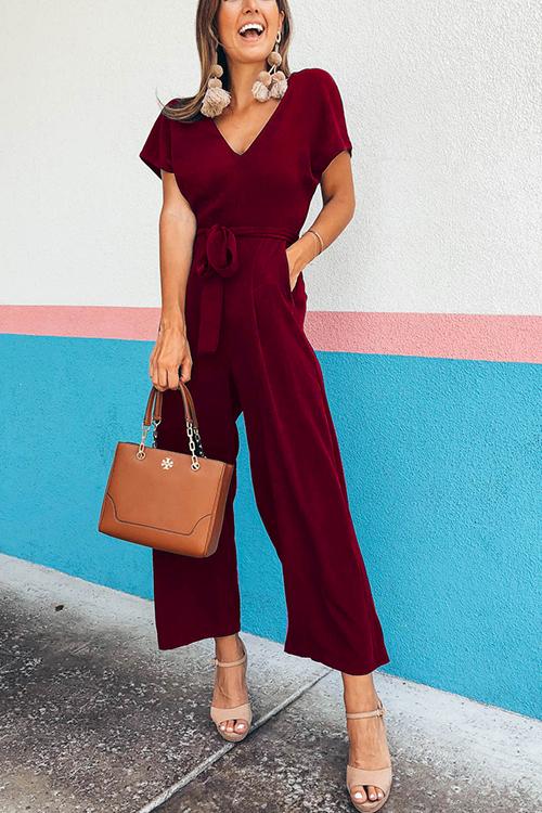 Solid Pockets V Neck Belted Jumpsuits