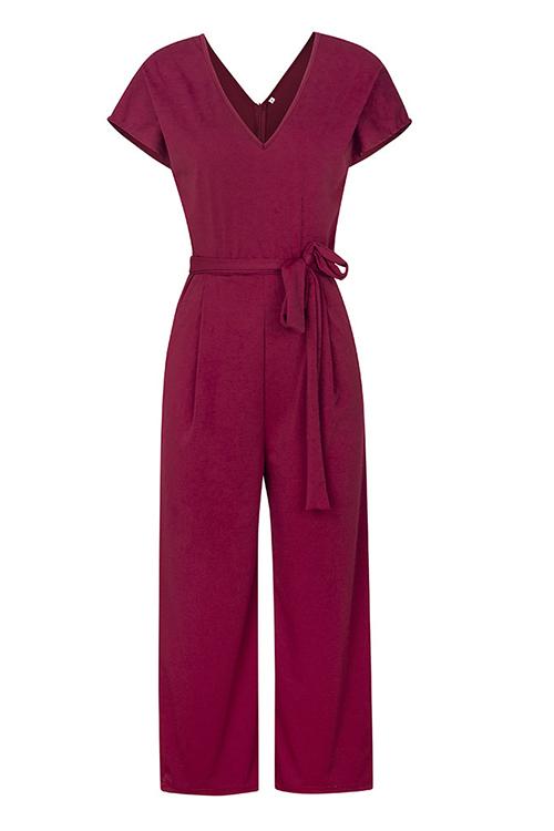 Solid Pockets V Neck Belted Jumpsuits - Fashionpara