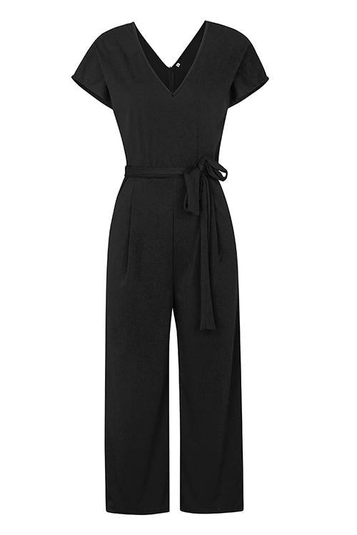 Solid Pockets V Neck Belted Jumpsuits - Fashionpara