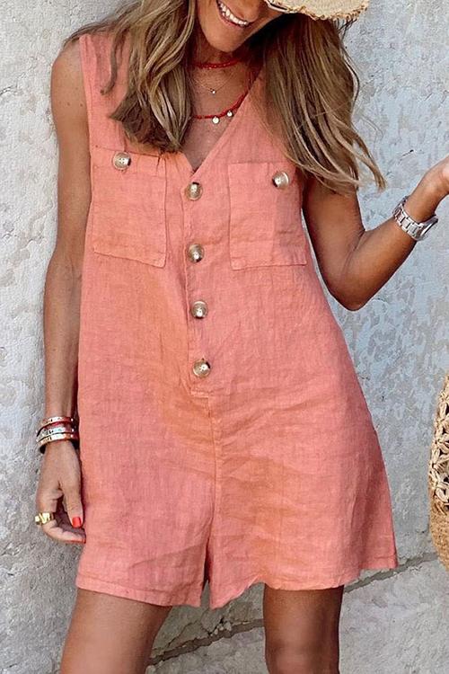 Button V Neck Pockets Romper - Fashionpara