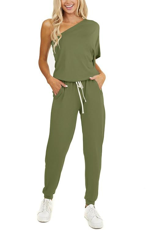 One Shoulder Drawstring Jumpsuits - Fashionpara