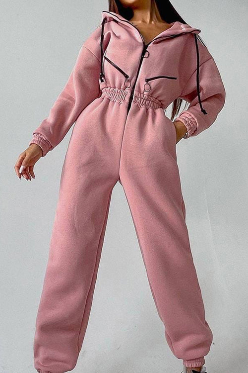 Zip Up Drop Shoulder Hooded Jumpsuit - Fashionpara
