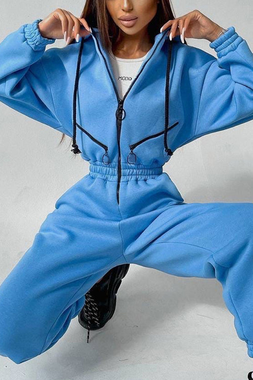 Zip Up Drop Shoulder Hooded Jumpsuit - Fashionpara