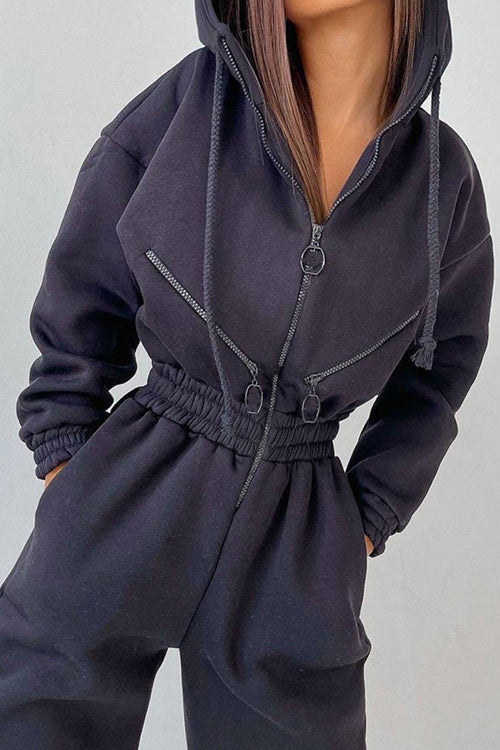 Zip Up Drop Shoulder Hooded Jumpsuit - Fashionpara