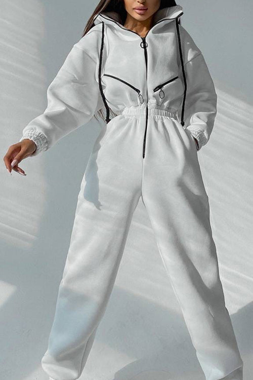 Zip Up Drop Shoulder Hooded Jumpsuit - Fashionpara
