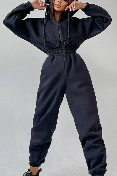 Zip Up Drop Shoulder Hooded Jumpsuit - Fashionpara