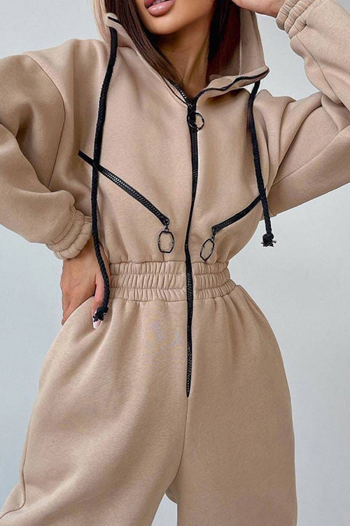 Zip Up Drop Shoulder Hooded Jumpsuit - Fashionpara