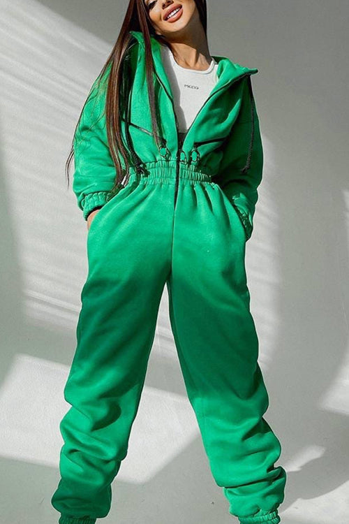 Zip Up Drop Shoulder Hooded Jumpsuit - Fashionpara