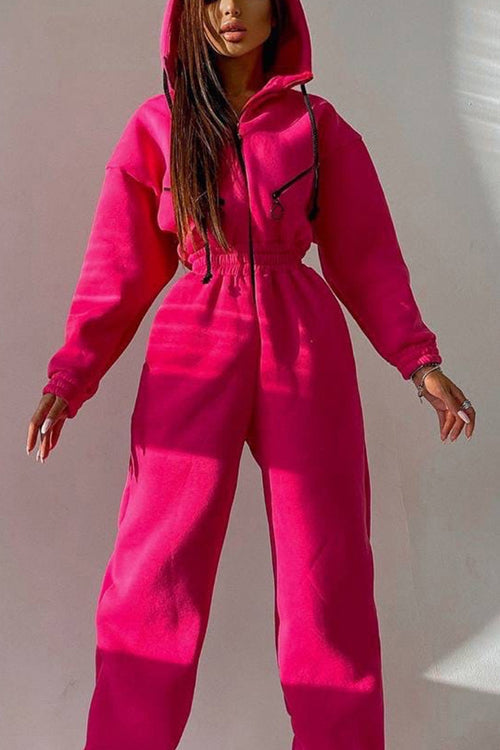 Zip Up Drop Shoulder Hooded Jumpsuit - Fashionpara