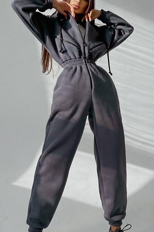 Zip Up Drop Shoulder Hooded Jumpsuit - Fashionpara