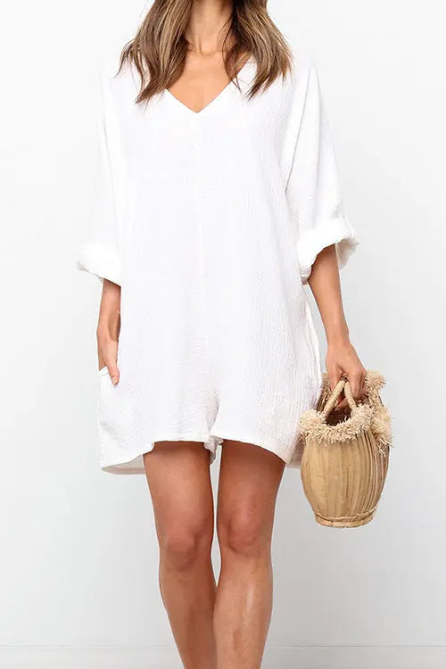 V Neck Pockets Loose Romper - Fashionpara