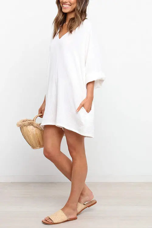 V Neck Pockets Loose Romper - Fashionpara