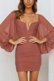 Ruched Statement Sleeve Mini Dress - Fashiondia